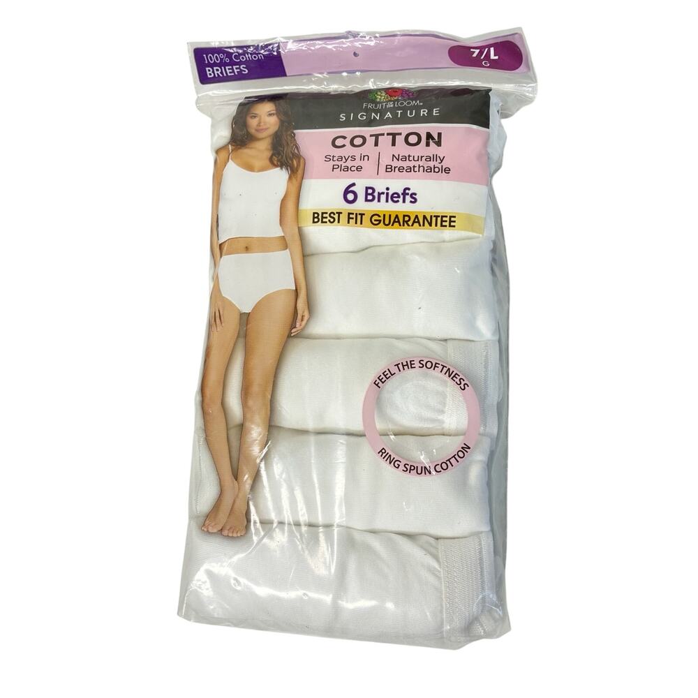 Fruit of the Loom 6-Pair White 100% Cotton Briefs Tag Free Womens 7/L